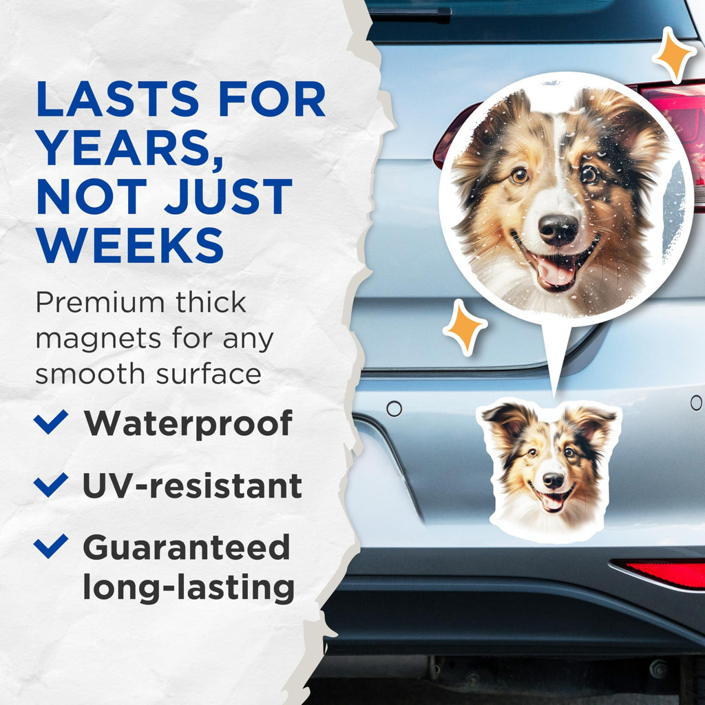 (2 Pack) Happy Sheltie Dog Magnets - Cute Collie Lover Decor - Pet Parent Refrigerator Adornment for Dog Moms Dads - 5 Inches On Longest Side - Thick Durable Magnet - Made in USA - MAG28976