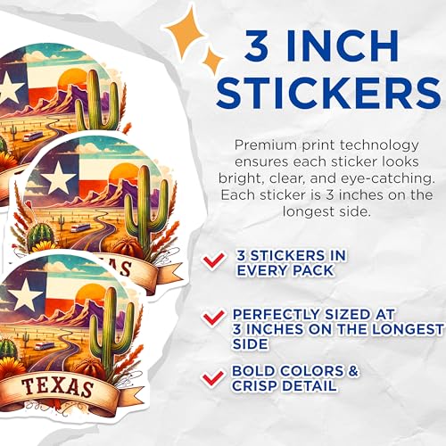 (3 Pack) Texas Decals - State Pride - Desert Landscape - Cactus Laptop Decal- 3 Inches On Longest Side - Easy Peel & Apply - Made in USA - 3MCS5885