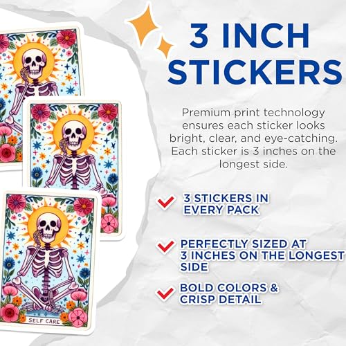 (3 Pack) Self Care Decals - Skeleton Sun - Floral Yoga - Positive Vibes - Laptop Decal - 3 Inches On Longest Side - Easy Peel & Apply - Made in USA - 3MCS8182