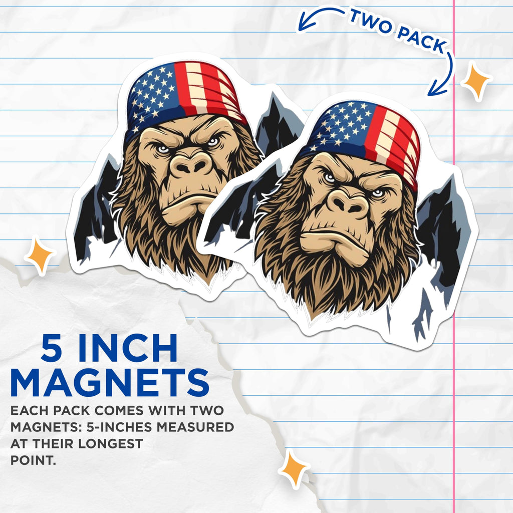 (2 Pack) Bigfoot Magnets - American Flag Bandana Sasquatch - Patriotic Mountain Decor - 5 Inches On Longest Side - Thick Durable Magnet - Made in USA - MAG20303