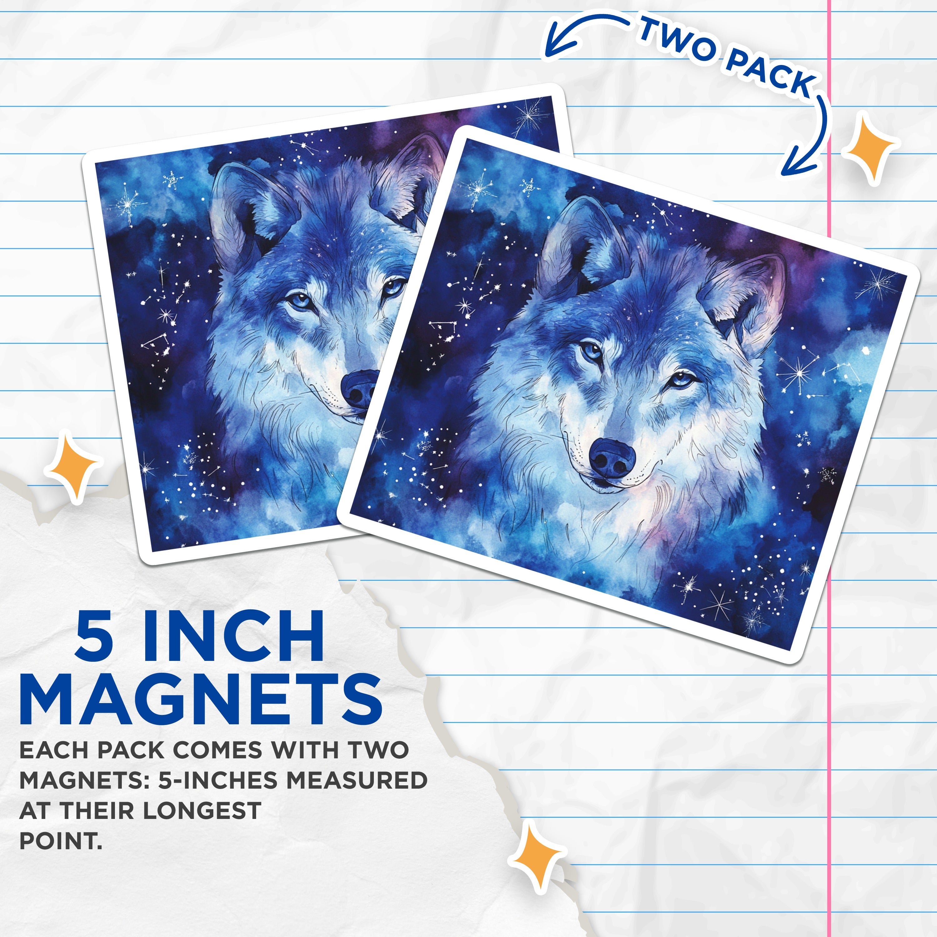 (2 Pack) Cosmic Wolf Magnets - Watercolor Animal Decor - Celestial Starry Fridge Art - 5 Inches On Longest Side - Thick Durable Magnet - Made in USA - MAG38524