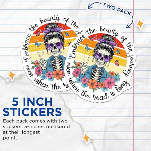 (2 Pack) Embrace The Beauty of The Journey Stickers - Skull and Floral Art Decals - Inspirational Travel Quote - 5" On Longest Side - Sticks to Smooth Flat Surfaces - Made in USA - BMCS9964