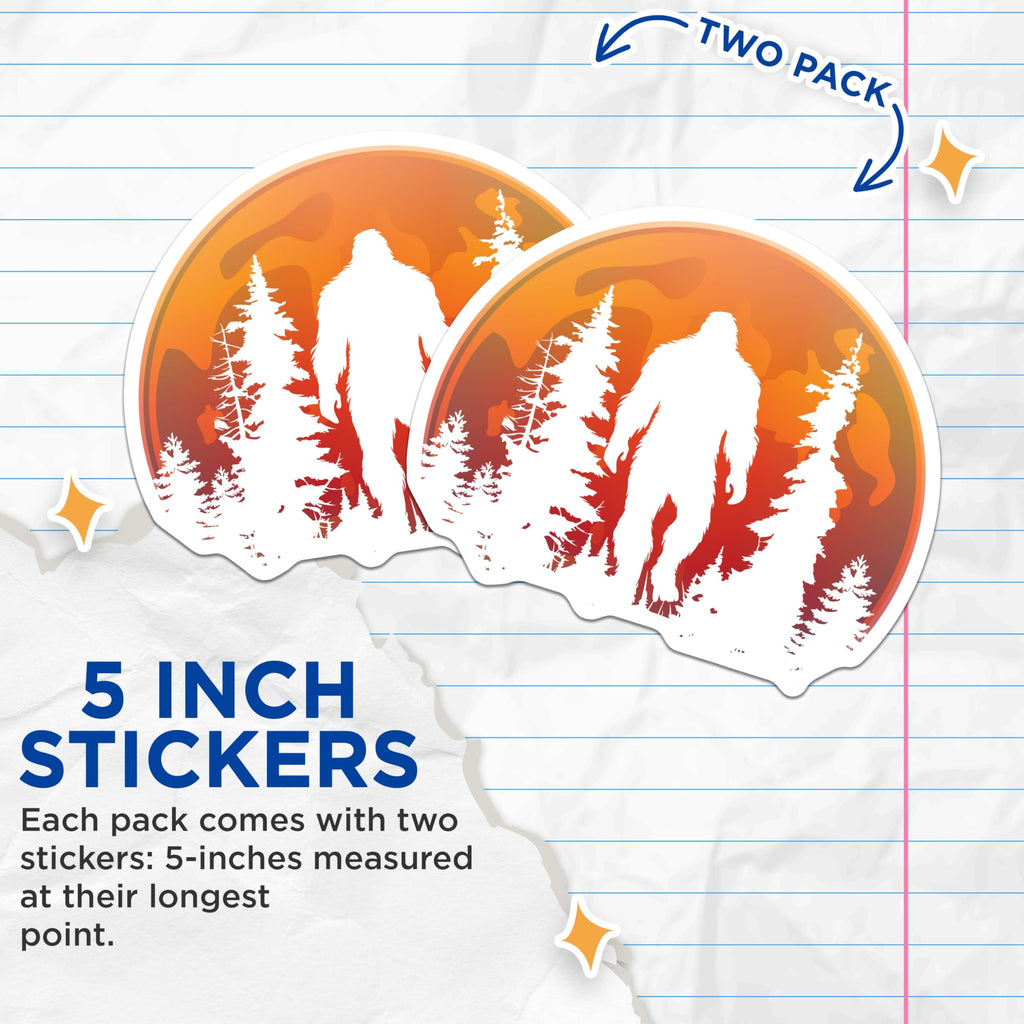 (2 Pack) Bigfoot Adventure Stickers - Sasquatch Forest Decals - Hiking and Camping Sticker Pack - 5" On Longest Side - Sticks to Smooth Flat Surfaces - Made in USA - BMCS3812