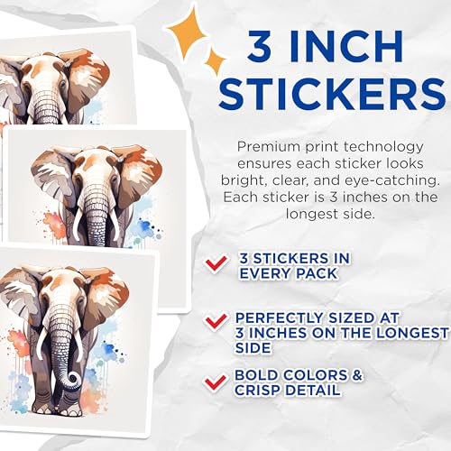 (3 Pack) Elephant Art Decals - Watercolor Animal Decal - Laptop Decal - Nursery Decor - 3 Inches On Longest Side - Easy Peel & Apply - Made in USA - 3MCS7448