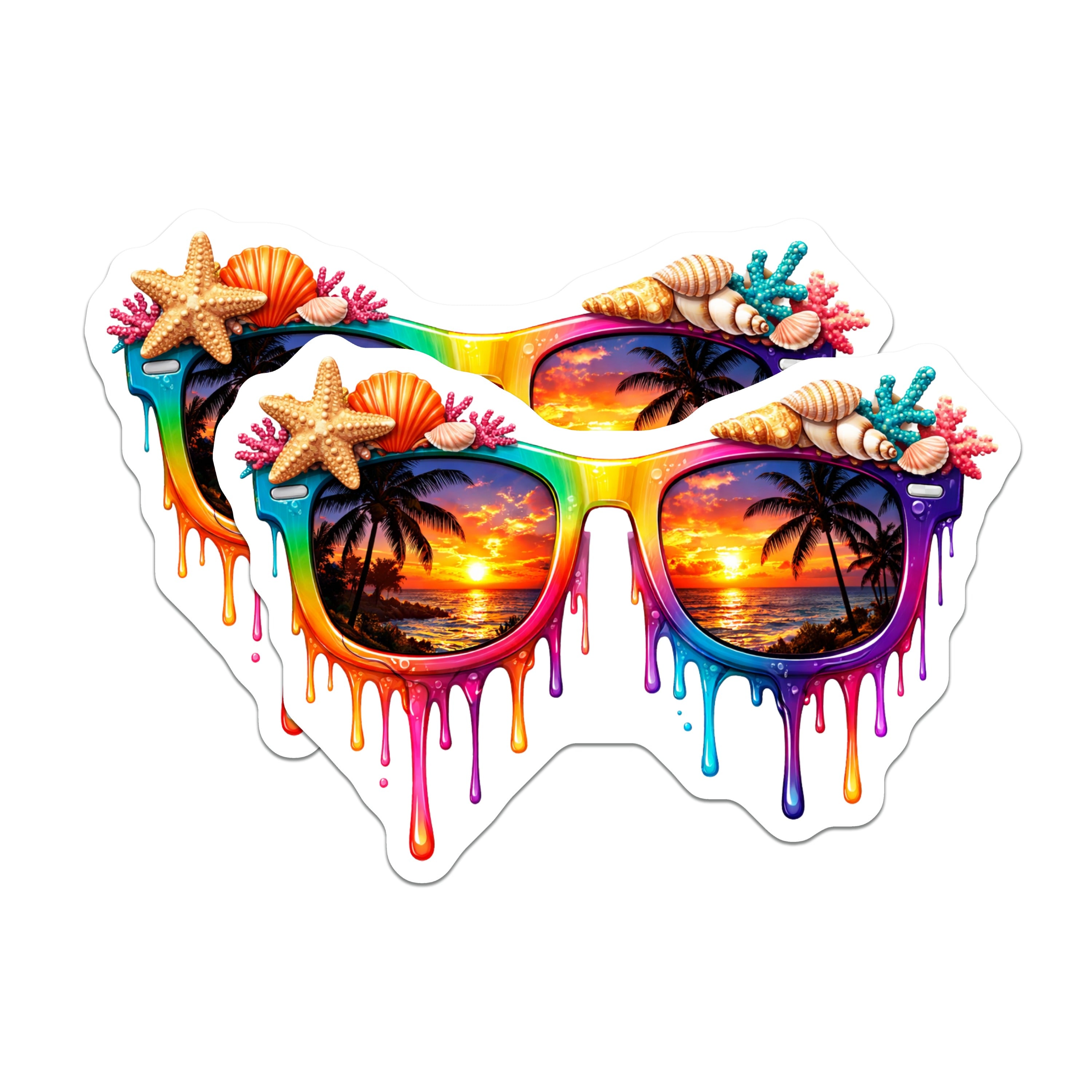 (2 Pack) Rainbow Sunglasses Magnets - Beach Sunset View - Tropical Ocean Vibes - Summer Coastal Decor - 5 Inches On Longest Side - Thick Durable Magnet - Made in USA - MAG36221