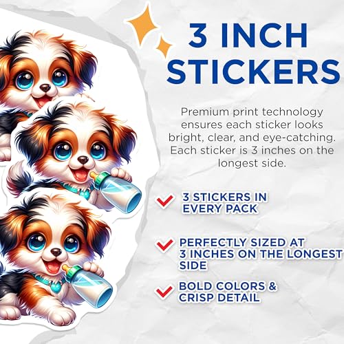(3 Pack) Puppy Dog Decals - Cute Animal Stickers - Cartoon Pet Lover - 3 Inches On Longest Side - Easy Peel & Apply - Made in USA - 3MCS8358