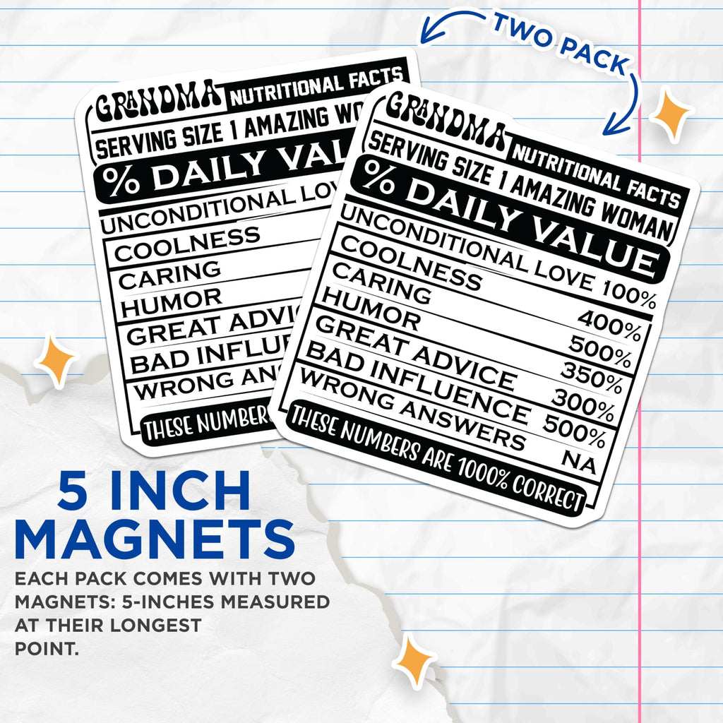 (2 Pack) Grandma Nutritional Facts Magnets - Funny Grandma Humor - Refrigerator Magnets - 5" On Longest Side - Premium Magnet - for Cars, Refrigerators, Toolboxes, Lockers - Made in USA - MAG15871