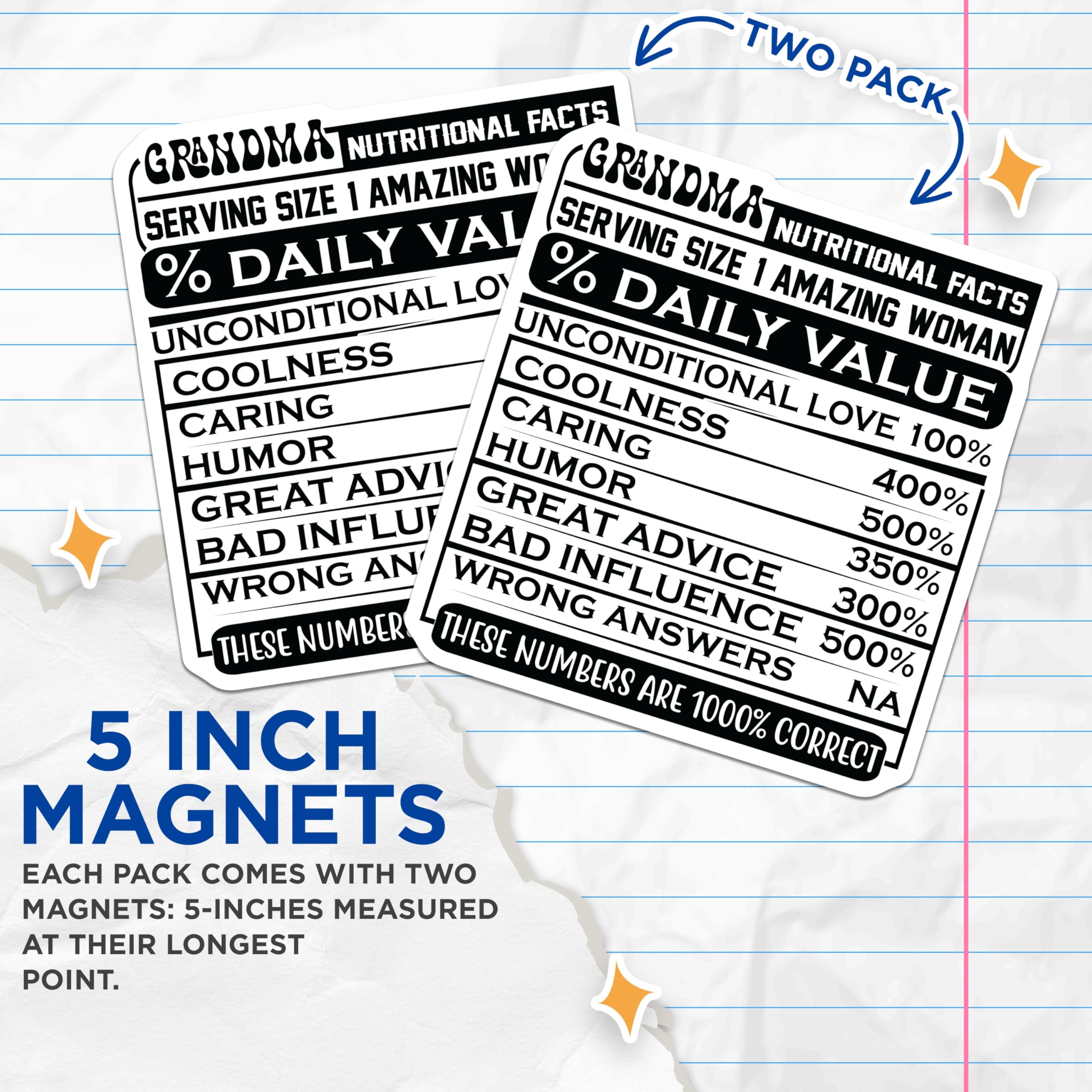 (2 Pack) Grandma Nutritional Facts Magnets - Funny Grandma Humor - Refrigerator Magnets - 5" On Longest Side - Premium Magnet - for Cars, Refrigerators, Toolboxes, Lockers - Made in USA - MAG15871