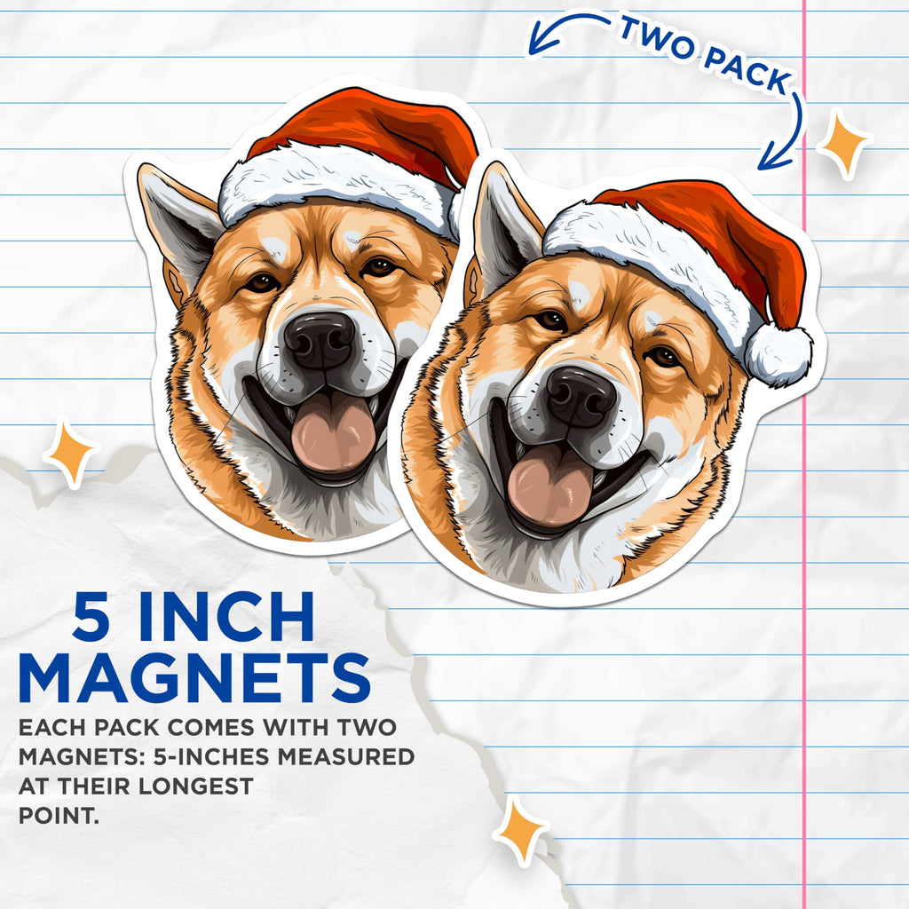 (2 Pack) Shiba Inu Magnets - Christmas Dog Magnets - Santa Hat Festive Animal Decals - 5 Inches On Longest Side - Thick Durable Magnet - Made in USA - MAG24280