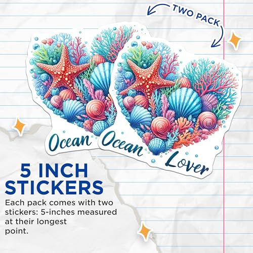 (2 Pack) Ocean Lover Stickers - Underwater Sea Life - Marine Creatures - 5" On Longest Side - Sticks to Smooth Flat Surfaces - Made in USA - BMCS9298