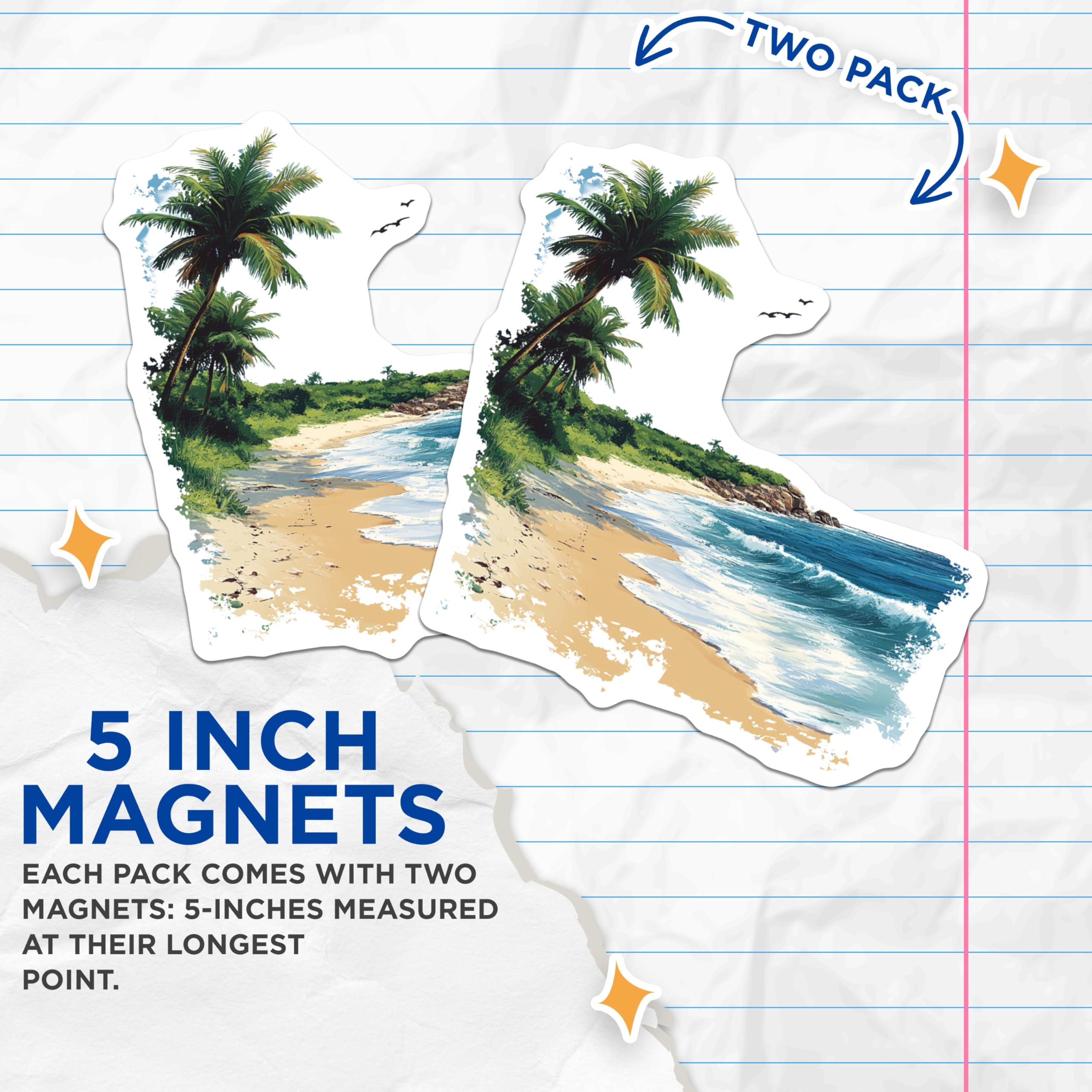 (2 Pack) Tropical Beach Scene Magnets - Coastal Decor Ocean Art - Serene Paradise Landscape - Summer House Fridge Decor - 5 Inches On Longest Side - Thick Durable Magnet - Made in USA - MAG26486