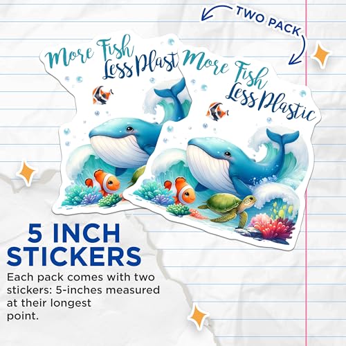 (2 Pack) Ocean Conservation Stickers - More Fish Less Plastic - Environmental Awareness - 5" On Longest Side - Sticks to Smooth Flat Surfaces - Made in USA - BMCS7958