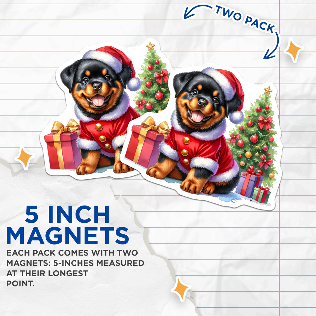 (2 Pack) Rottweiler Christmas Magnets - Cute Puppy Holiday Decor - Festive Pet Lover Kitchen Accent - 5 Inches On Longest Side - Thick Durable Magnet - Made in USA - MAG25623