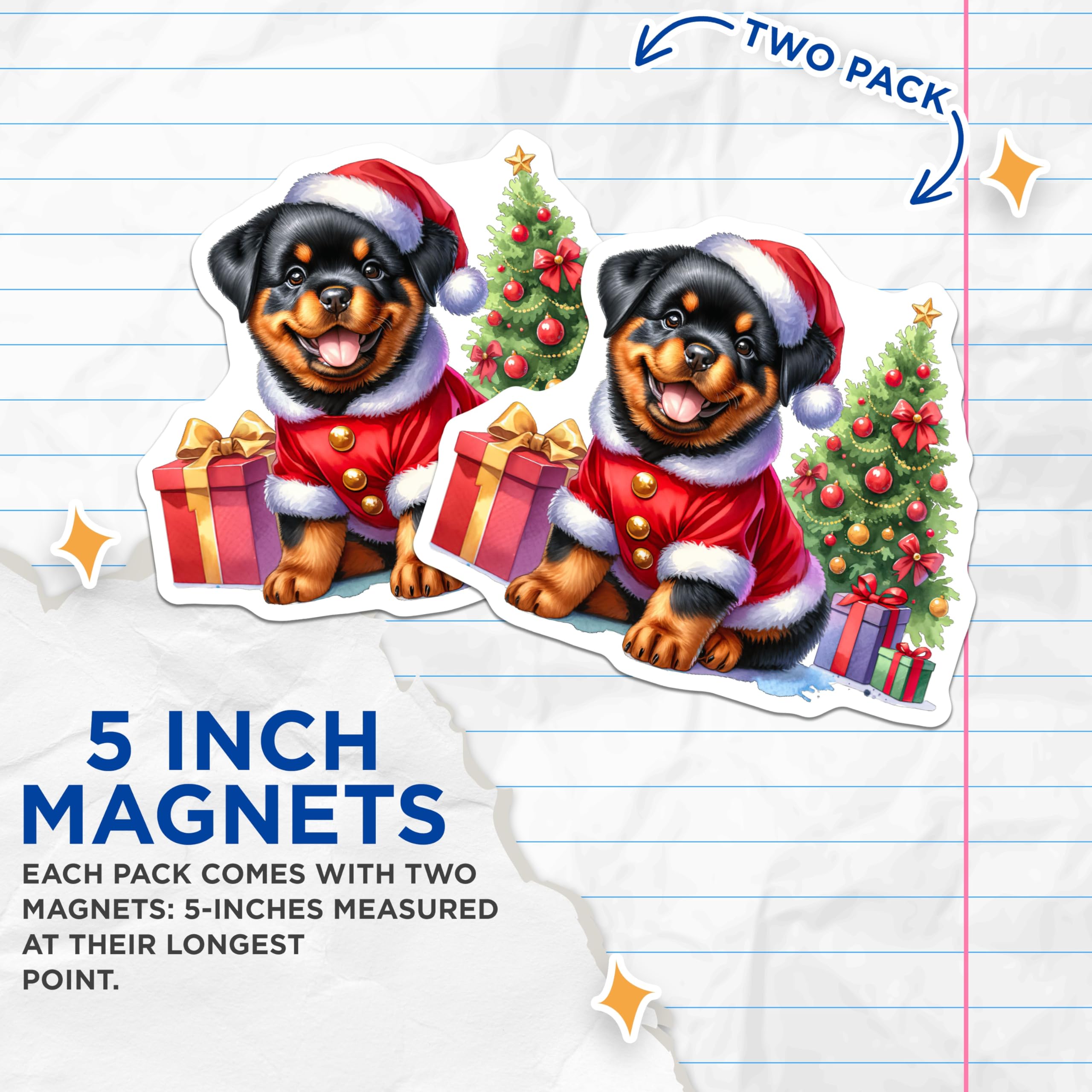 (2 Pack) Rottweiler Christmas Magnets - Cute Puppy Holiday Decor - Festive Pet Lover Kitchen Accent - 5 Inches On Longest Side - Thick Durable Magnet - Made in USA - MAG25623