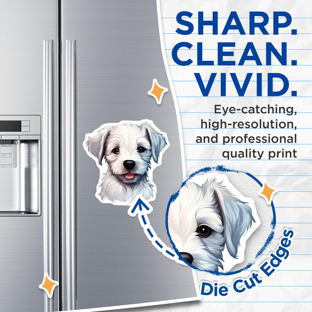 (2 Pack) Adorable White Puppy Magnets - Fluffy Dog Lover Decal - Fridge Locker Decor - 5 Inches On Longest Side - Thick Durable Magnet - Made in USA - MAG27505
