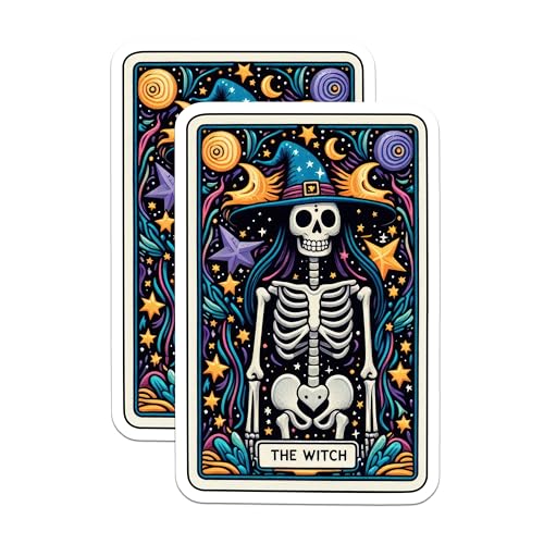(2 Pack) Halloween Skeleton Witch Stickers - Spooky Magic Stickers - Skeleton Wizard Design - 5" On Longest Side - Sticks to Smooth Flat Surfaces - Made in USA - BMCS5518