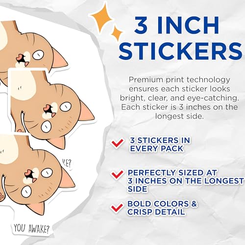 (3 Pack) Upside Down Cat Decals - Funny Cat Sticker - You Awake Decal - 3 Inches On Longest Side - Easy Peel & Apply - Made in USA - 3MCS6580