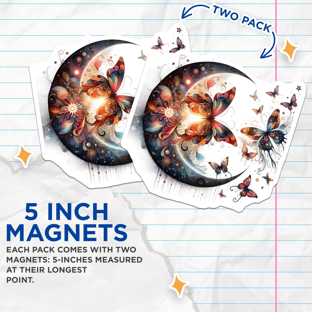(2 Pack) Butterfly Magnets - Crescent Moon Decor - Celestial Fridge Magnets - 5" On Longest Side - Premium Magnet - for Cars, Refrigerators, Toolboxes, Lockers - Made in USA - MAG15603