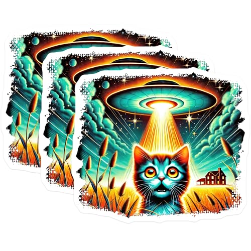 (3 Pack) Abducted Cat Decals - UFO Beam - Alien Invasion Laptop Decal - 3 Inches On Longest Side - Easy Peel & Apply - Made in USA - 3MCS4485