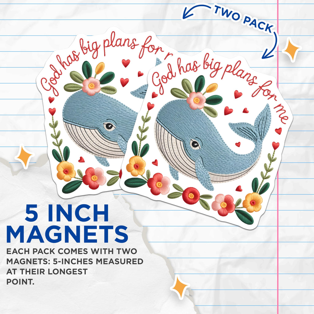 (2 Pack) Whale Inspirational Magnets - Christian Faith Decor - Embroidery Style Scripture Art - 5 Inches On Longest Side - Thick Durable Magnet - Made in USA - MAG22305