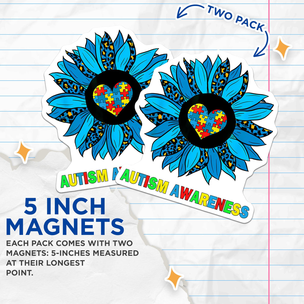 (2 Pack) Autism Awareness Magnets - Puzzle Heart Magnets - Blue Flower Magnets - 5" On Longest Side - for Cars, Refrigerators, Toolboxes, Lockers - Made in USA MAG3575