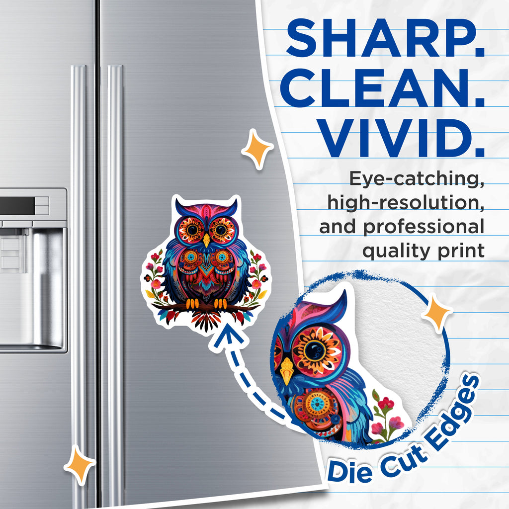 (2 Pack) Bohemian Owl Magnets - Vibrant Folk Art Refrigerator Decor - Eclectic Wise Owl Kitchen Display - 5 Inches On Longest Side - Thick Durable Magnet - Made in USA - MAG38140