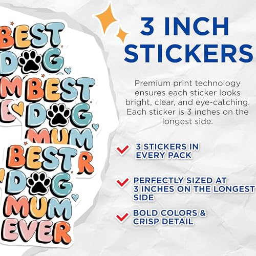 (3 Pack) Best Dog Mum Decals - Cute Paw Print - Pet Lover Accessories - 3 Inches On Longest Side - Easy Peel & Apply - Made in USA - 3MCS7375