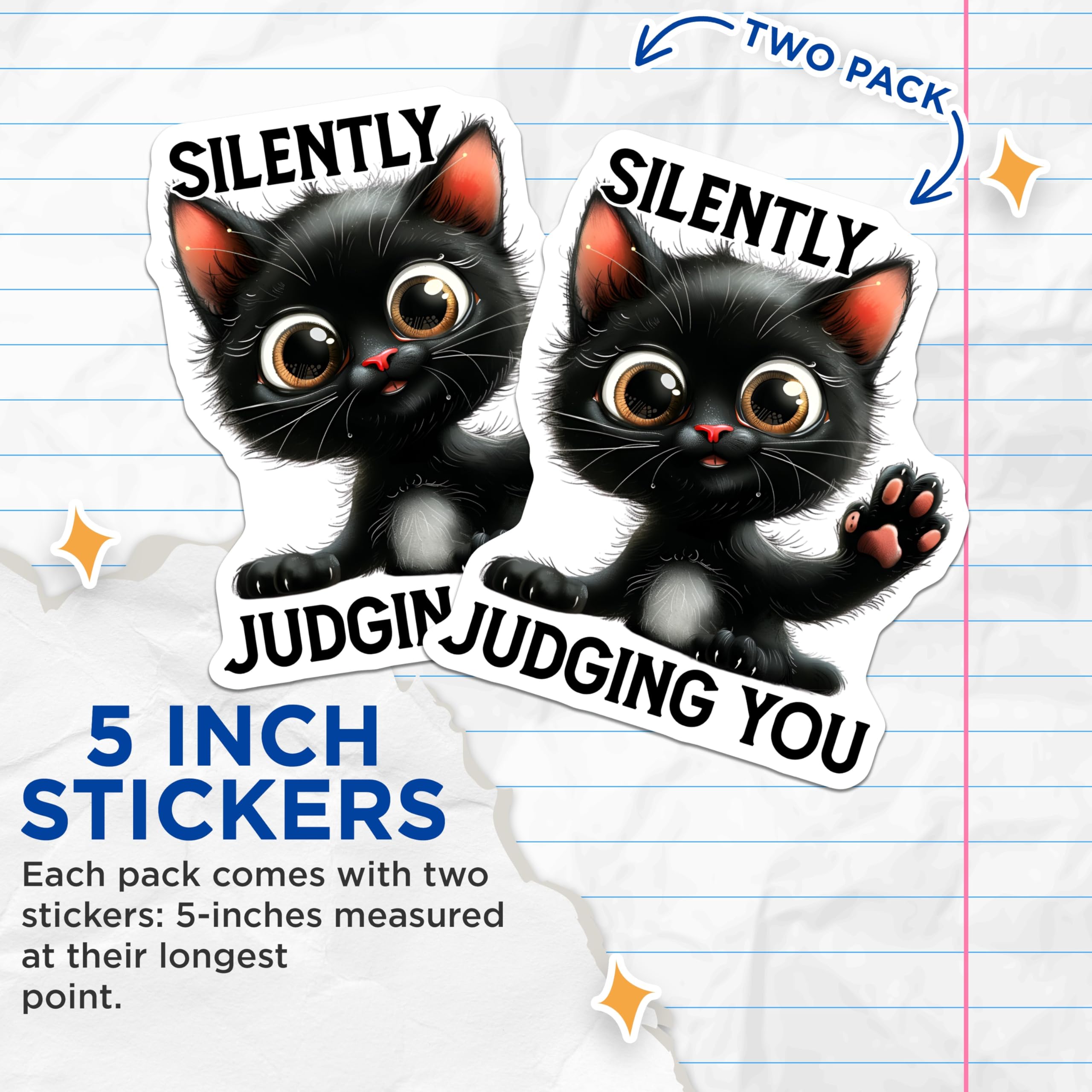 (2 Pack) Silently Judging You Stickers - Black Cat Decals - Funny Kitten Stickers - 5" On Longest Side - Sticks to Smooth Flat Surfaces - Made in USA - BMCS15155