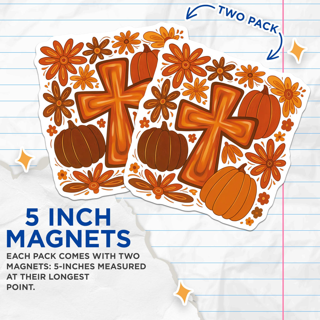 (2 Pack) Autumn Cross Magnets - Rustic Pumpkin Art - Christian Fall Kitchen Decor - 5 Inches On Longest Side - Thick Durable Magnet - Made in USA - MAG28753