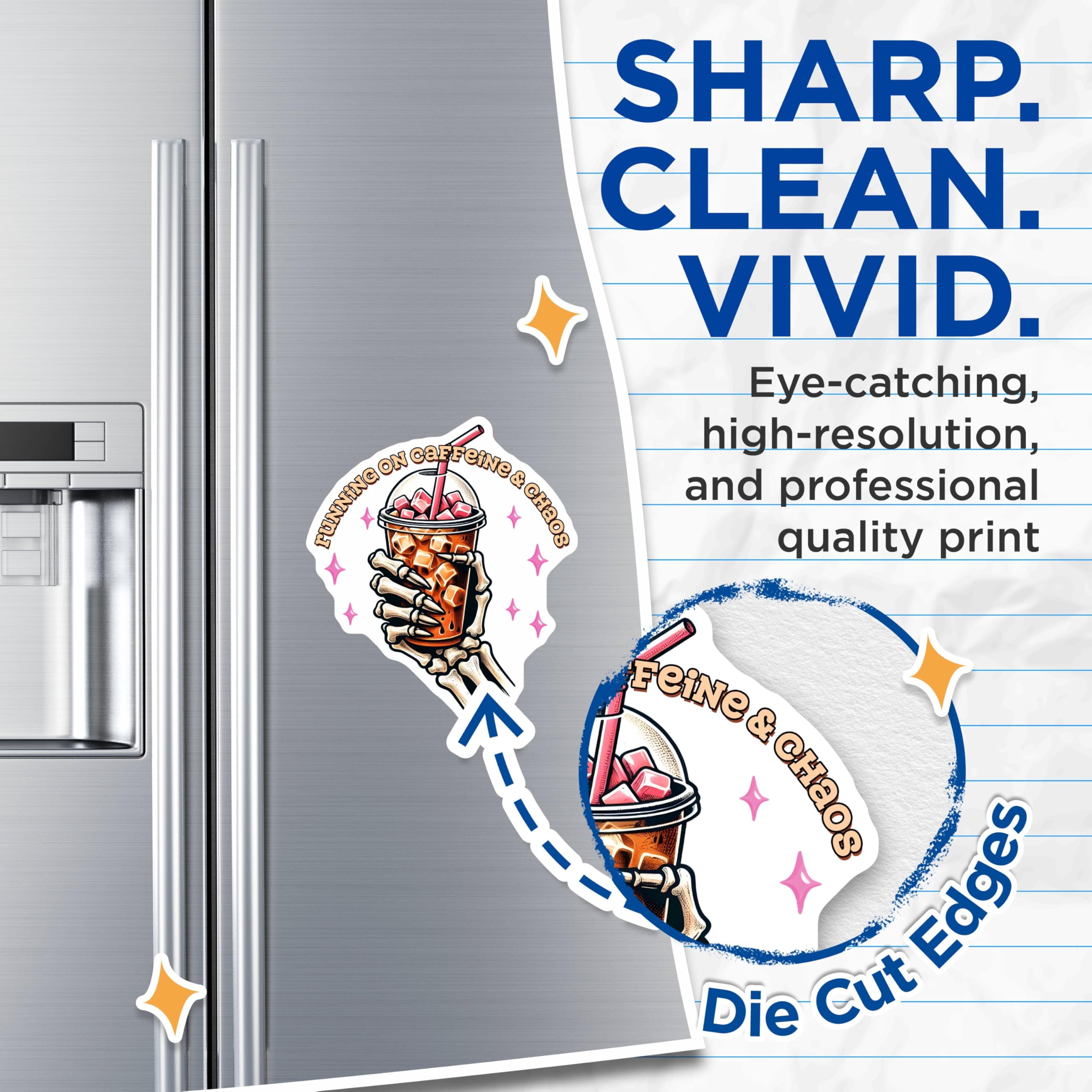 (2 Pack) Running On Caffeine And Chaos Magnets - Funny Skeleton Design - Iced Coffee Lovers - Cute Skeleton Decor - Coffee Enthusiasts - 5" On Longest Side - for Cars, Fridges, Toolboxes - Made in USA