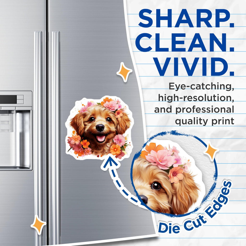 (2 Pack) Adorable Puppy Magnets - Smiling Dog Flower Crown Art - Animal Lover Refrigerator Decor - 5 Inches On Longest Side - Thick Durable Magnet - Made in USA - MAG24282
