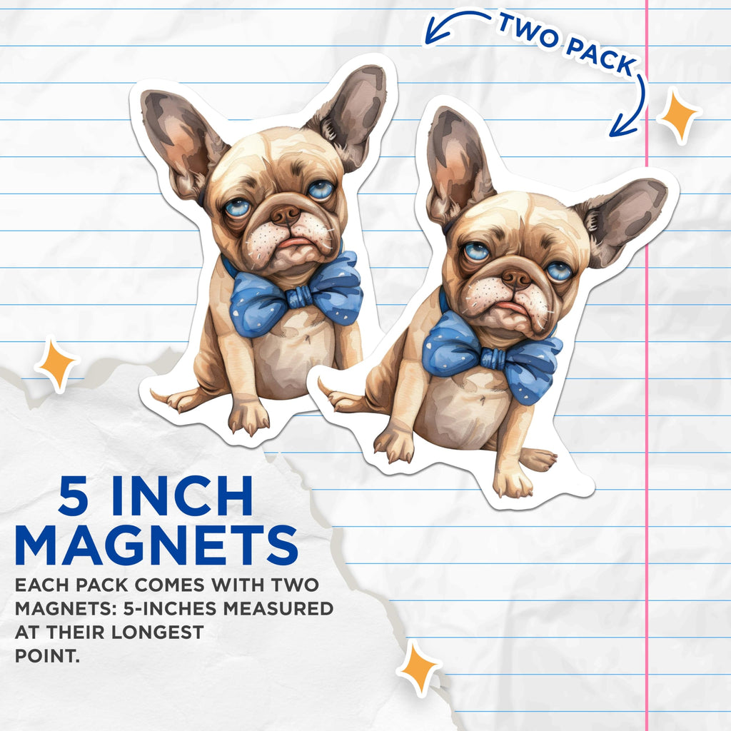 (2 Pack) French Bulldog Magnets - Cute Puppy Dog Art - Blue Bow Tie Pet Lover Kitchen Decor - 5 Inches On Longest Side - Thick Durable Magnet - Made in USA - MAG30439