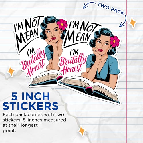 (2 Pack) I'm Not Mean Stickers - Brutally Honest Stickers - Retro Woman Stickers - 5" On Longest Side - Sticks to Any Smooth Flat Surface - Made in USA - BMCS2979