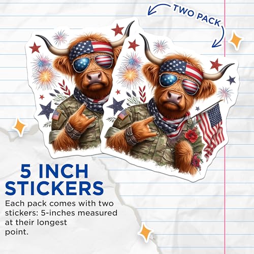 (2 Pack) Patriotic Cow Stickers - American Flag - Fireworks - 5" On Longest Side - Sticks to Smooth Flat Surfaces - Made in USA - BMCS6358