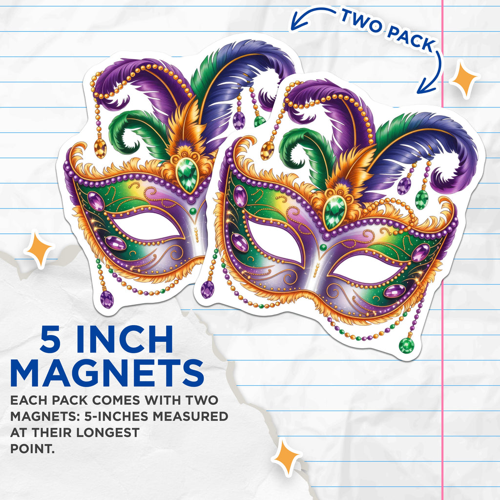 (2 Pack) Mardi Gras Mask Magnets - New Orleans Carnival Decor - Festive Masquerade - Purple Green Gold Theme - 5 Inches On Longest Side - Thick Durable Magnet - Made in USA - MAG39406