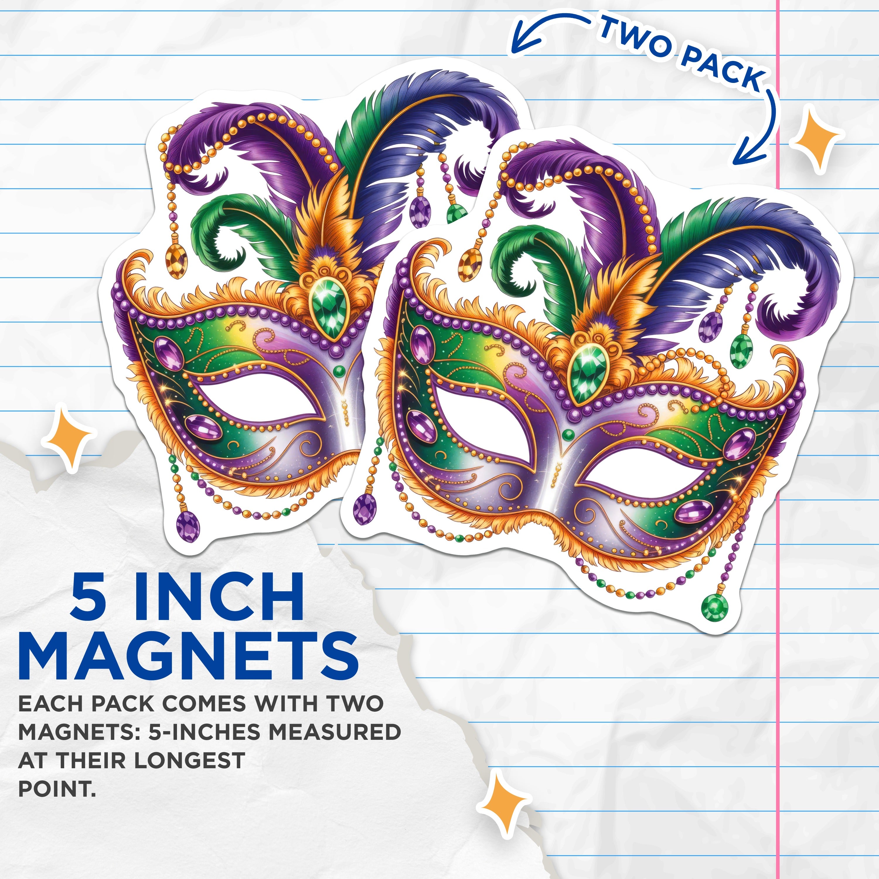 (2 Pack) Mardi Gras Mask Magnets - New Orleans Carnival Decor - Festive Masquerade - Purple Green Gold Theme - 5 Inches On Longest Side - Thick Durable Magnet - Made in USA - MAG39406