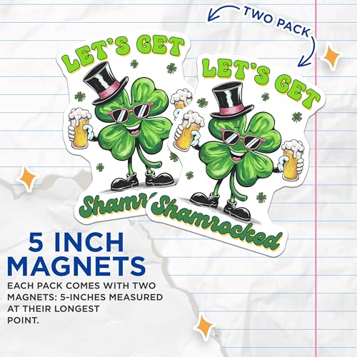 (2 Pack) Let's Get Shamrocked Magnets Magnets - Funny St Patrick's Day Decor - Cute Clover Leaf with Beer - 5" On Longest Side - Made in USA - Sticks to Refrigerators & Metal Surfaces - MAG8410