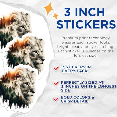 (3 Pack) Lion Forest Decals - Laptop Decal - Animal Decal - 3 Inches On Longest Side - Easy Peel & Apply - Made in USA - 3MCS1138