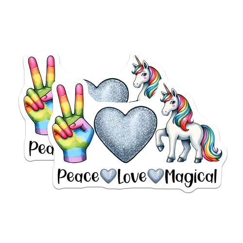 (2 Pack) Peace Love Magical Stickers - Rainbow Unicorn - Glitter Heart - 5" On Longest Side - Sticks to Smooth Flat Surfaces - Made in USA - BMCS8058
