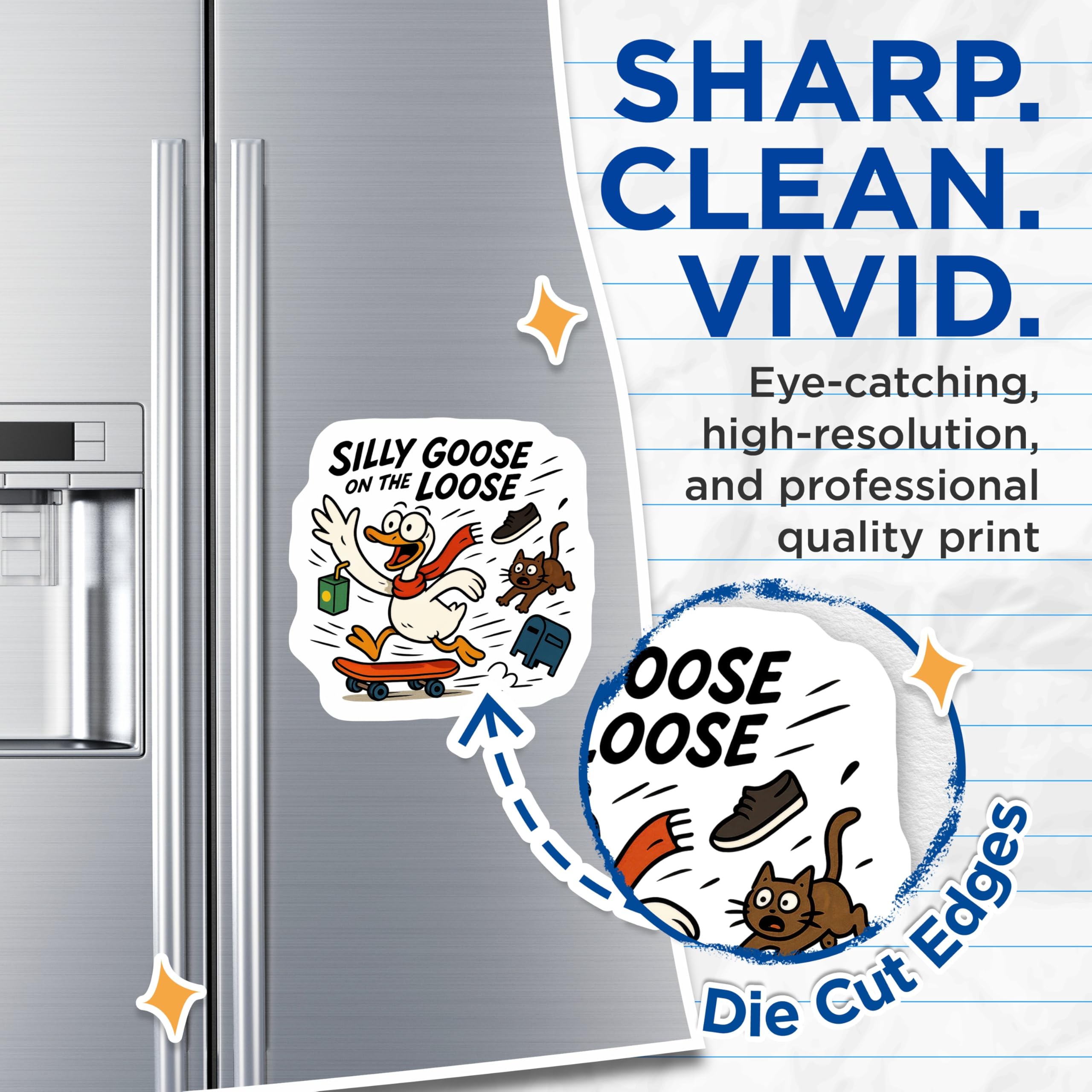 (2 Pack) Silly Goose On The Loose Magnets - Funny Animal Refrigerator Decor - Cartoon Skateboard Humor Art - 5 Inches On Longest Side - Thick Durable Magnet - Made in USA - MAG22023