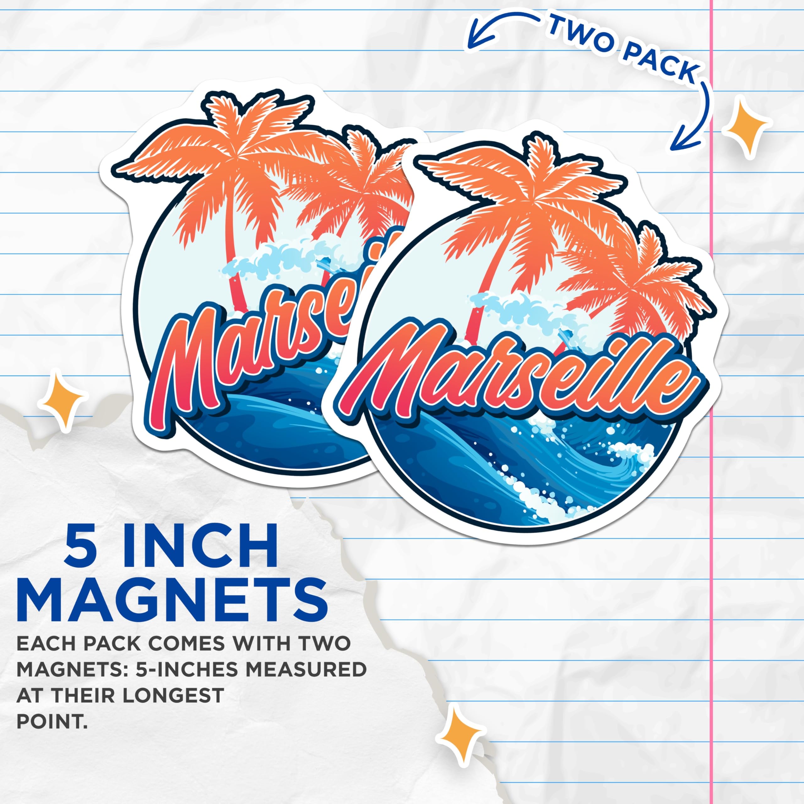 (2 Pack) Marseille France Magnets - Tropical Palm Trees - French City Souvenir - 5" On Longest Side - Premium Magnet - for Cars, Refrigerators, Toolboxes, Lockers - Made in USA - MAG18872
