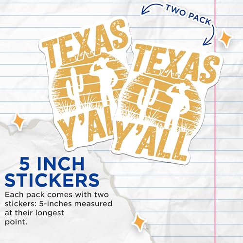 (2 Pack) Texas Y'all Stickers - Cowboy Sticker - Western Decal - 5" On Longest Side - Sticks to Smooth Flat Surfaces - Made in USA - BMCS6740
