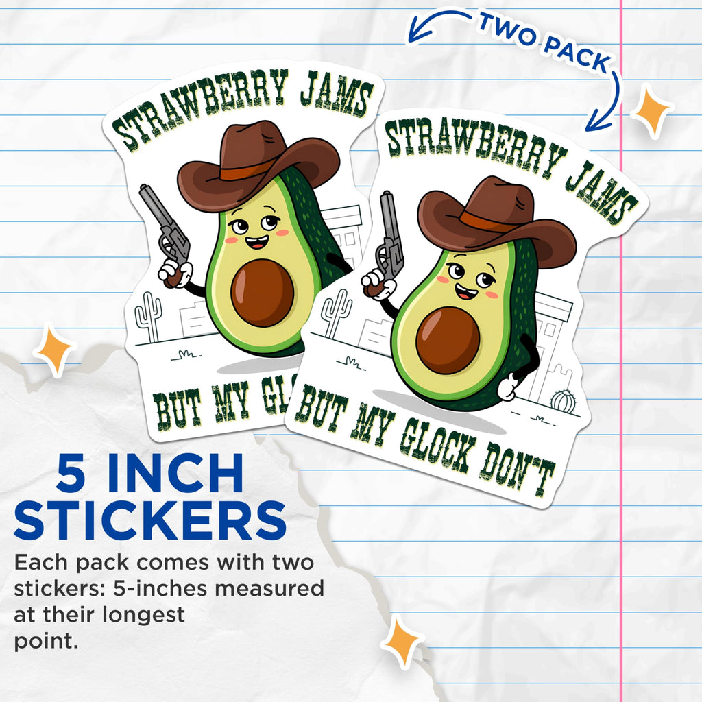 (2 Pack) Funny Avocado Stickers - Cowboy Avocado Decals - Quirky Sticker Set - 5" On Longest Side - Sticks to Smooth Flat Surfaces - Made in USA - BMCS8376