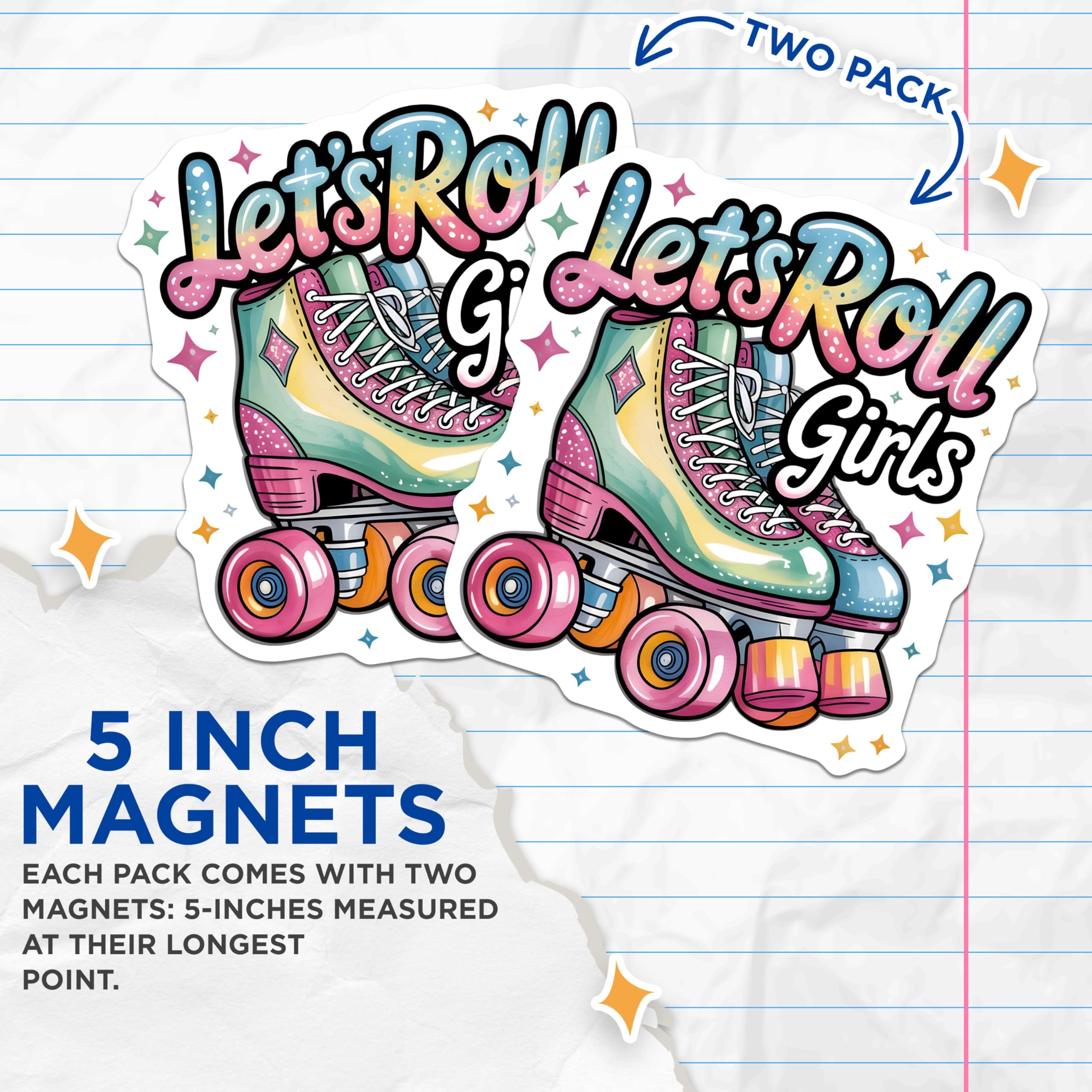 (2 Pack) Let's Roll Girls Roller Skate Magnets - Retro Vibes Fridge Magnets - Funky Locker Aesthetic Decor - 5 Inches On Longest Side - Thick Durable Magnet - Made in USA - MAG27764