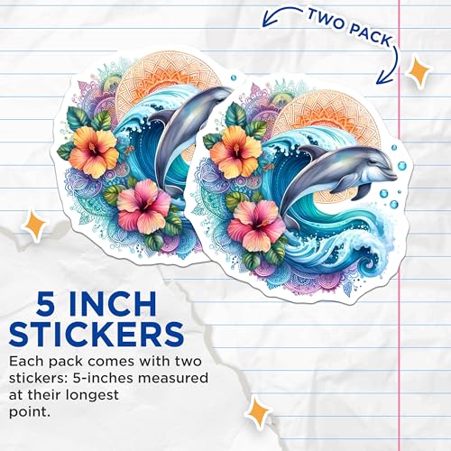 (2 Pack) Dolphin Aesthetic Stickers - Ocean Wave Art - Vibrant Floral Design - 5" On Longest Side - Sticks to Smooth Flat Surfaces - Made in USA - BMCS9488