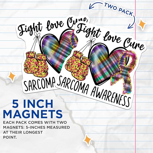 (2 Pack) Sarcoma Awareness Magnets - Fight Love Cure - Boxing Gloves Magnets - Heart Ribbon Magnets - 5" On Longest Side - for Cars, Fridges, Toolboxes - Made in USA - MAG4281