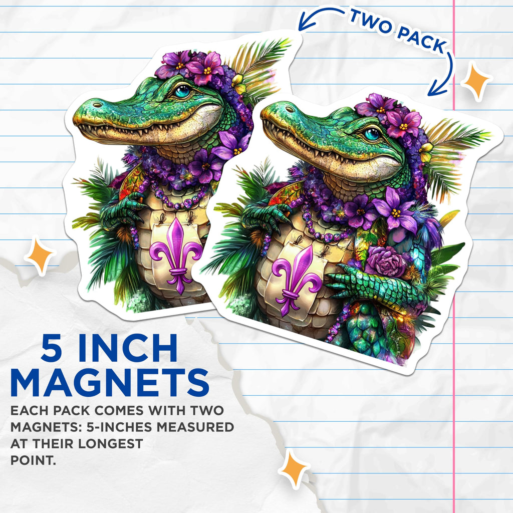 (2 Pack) Mardi Gras Alligator Magnets - Fleur De Lis - New Orleans Refrigerator Magnets - 5" On Longest Side - Premium Magnet - for Cars, Refrigerators, Toolboxes, Lockers - Made in USA - MAG16157