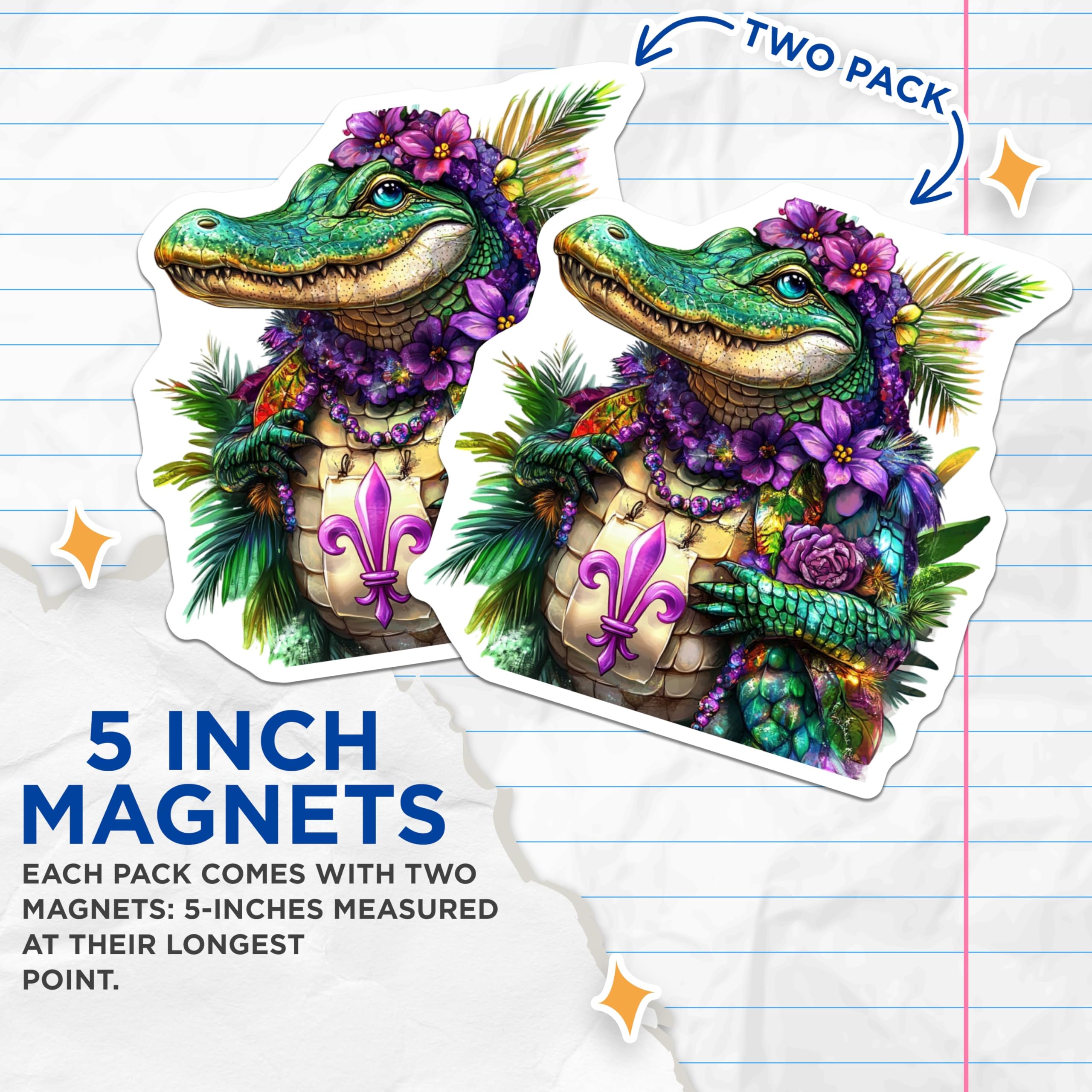 (2 Pack) Mardi Gras Alligator Magnets - Fleur De Lis - New Orleans Refrigerator Magnets - 5" On Longest Side - Premium Magnet - for Cars, Refrigerators, Toolboxes, Lockers - Made in USA - MAG16157