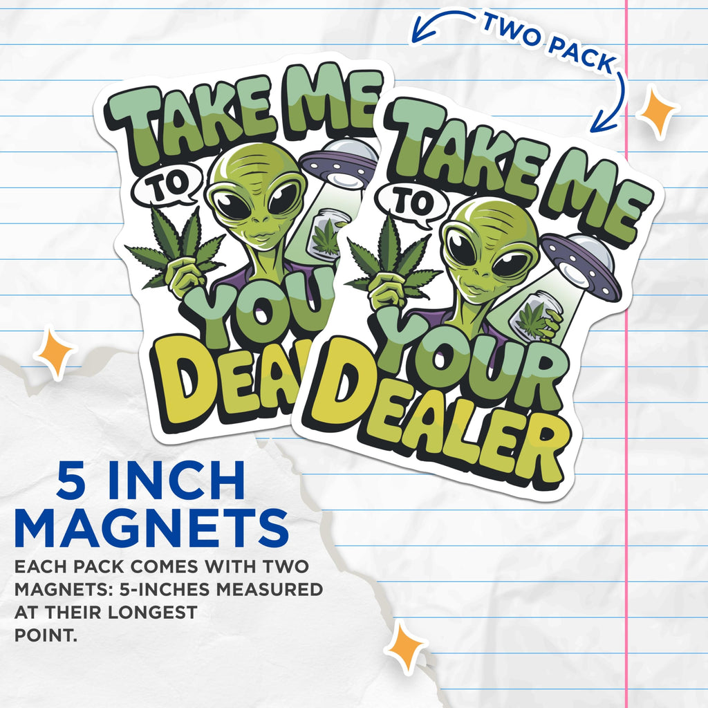(2 Pack) Alien Cannabis Magnets - Funny Weed Decor - Stoner UFO Humor - Marijuana Extraterrestrial Art - 5 Inches On Longest Side - Thick Durable Magnet - Made in USA - MAG21272