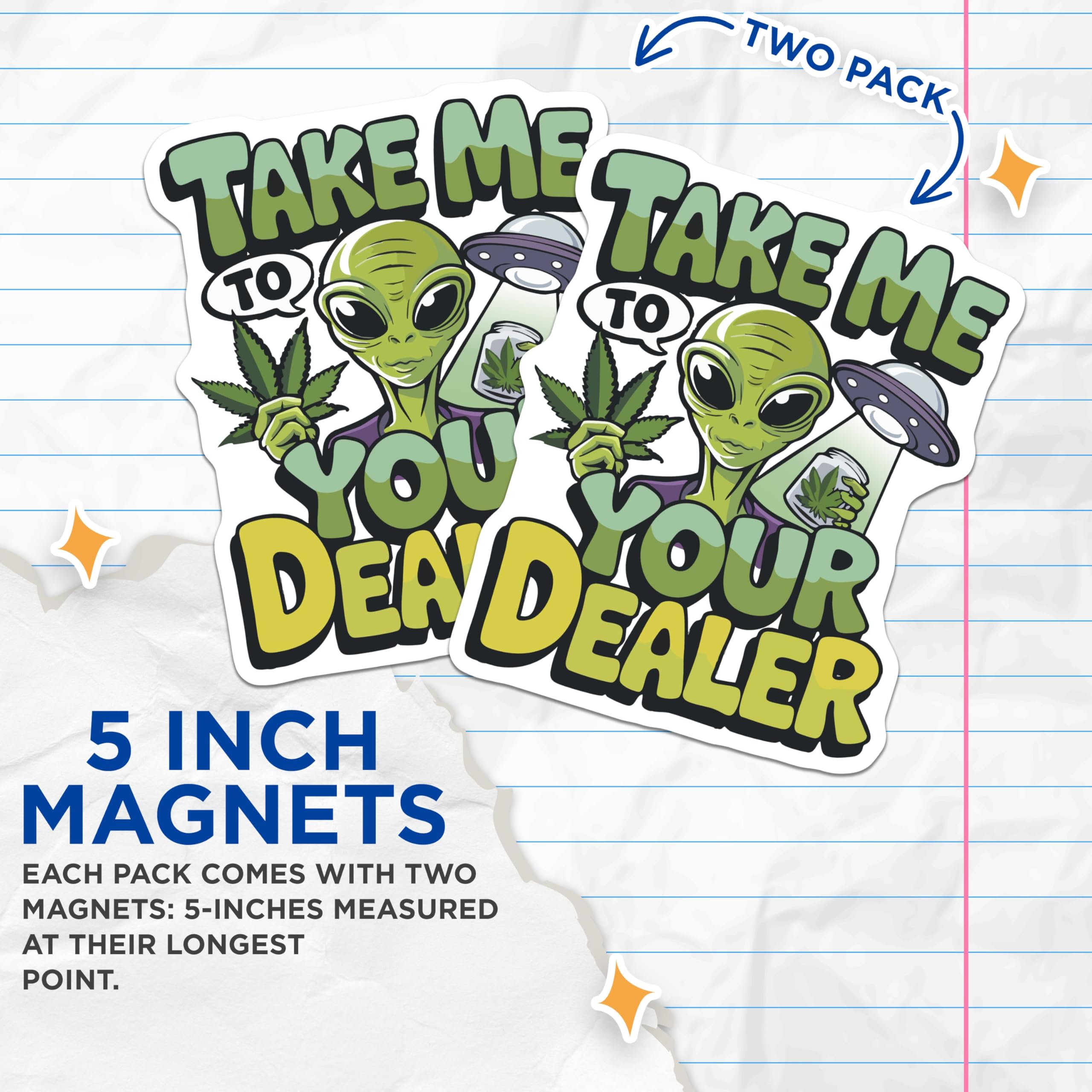 (2 Pack) Alien Cannabis Magnets - Funny Weed Decor - Stoner UFO Humor - Marijuana Extraterrestrial Art - 5 Inches On Longest Side - Thick Durable Magnet - Made in USA - MAG21272